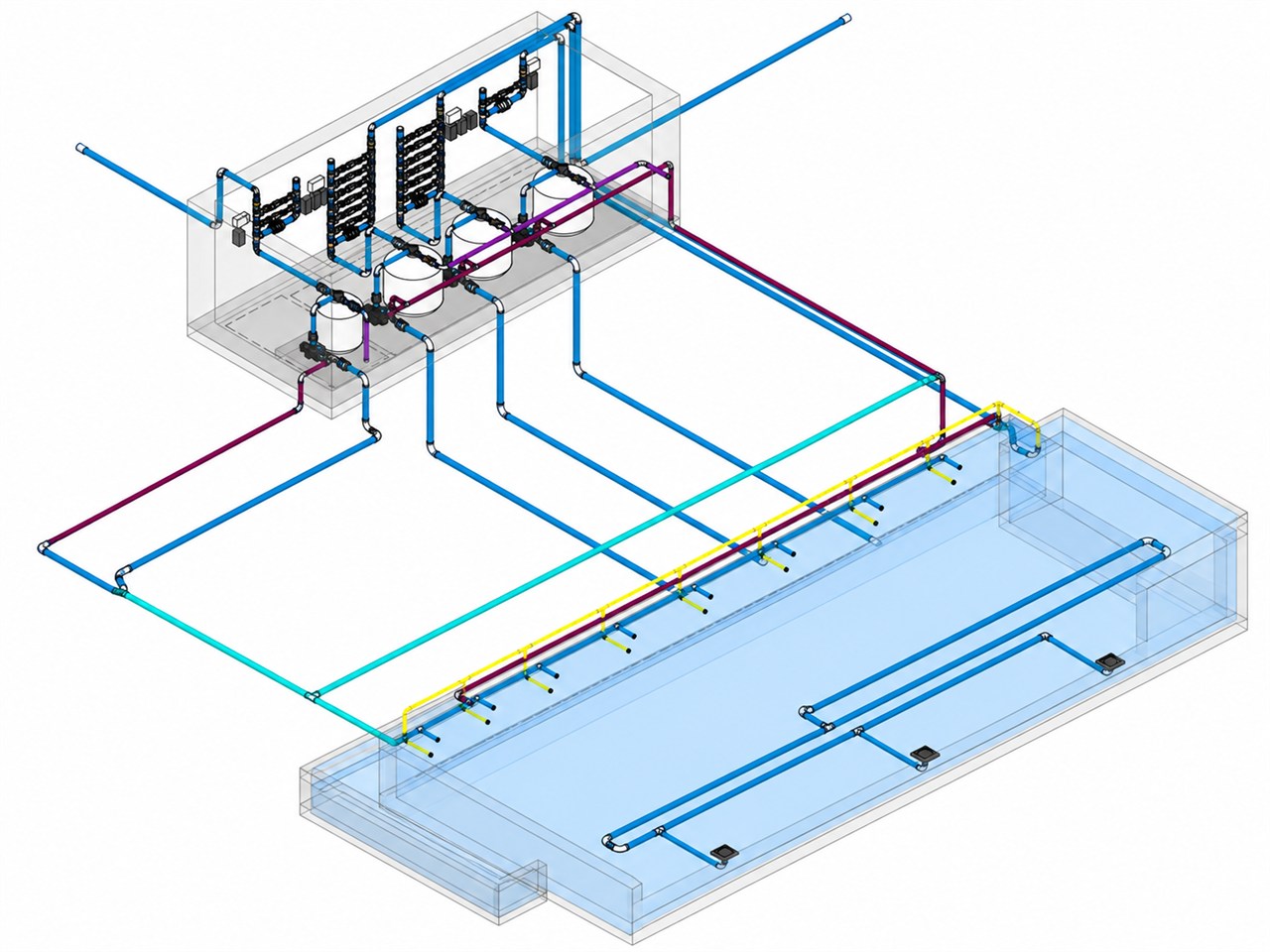 Modelo BIM de uma rede hidráulica completa para piscina